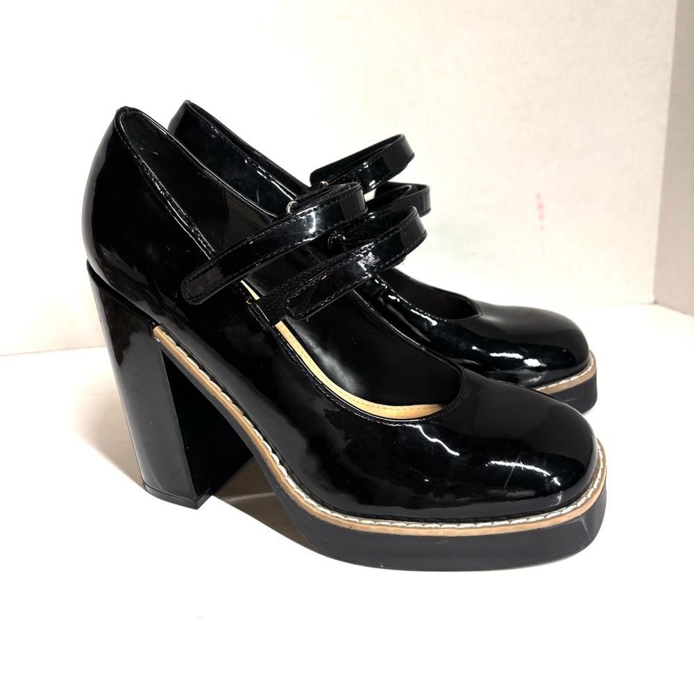 STEVE MADDEN Platform Twice Patent Black Mary Jane Squared Heel Shoes Size 8 - Picture 4 of 10